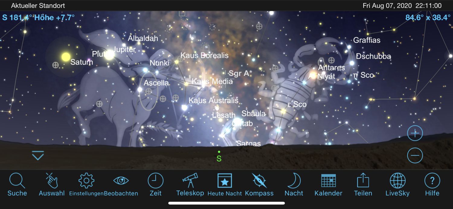Darstellung des Nachthimmels mit dem Zentrum der Milchstrasse. Screenshot von SkySafari.